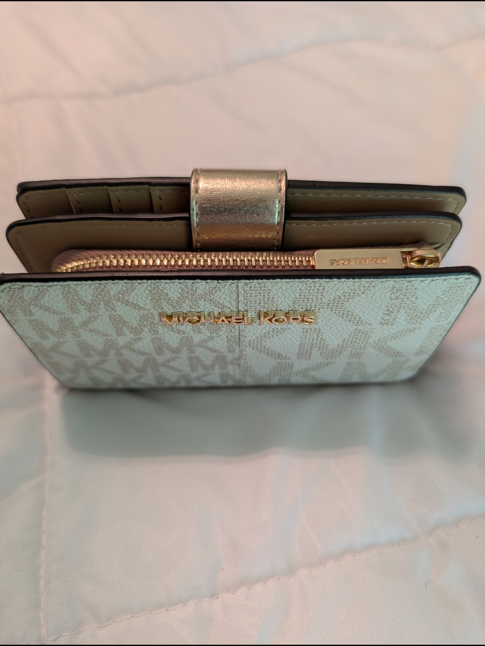 Michael Kors White Logo Continental Wallet with Gold Accents